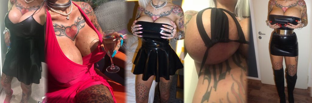 Katie Doll Boobs in sexy outfits – Big Boobs Escort Munich with huge breasts, tattoos, piercings, PVC and high heels.